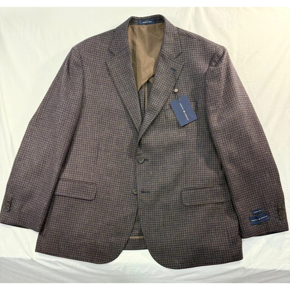 Joseph Abboud Heritage Soft Jacket 46S Navy Brown Houndstooth Wool /Linen Blazer